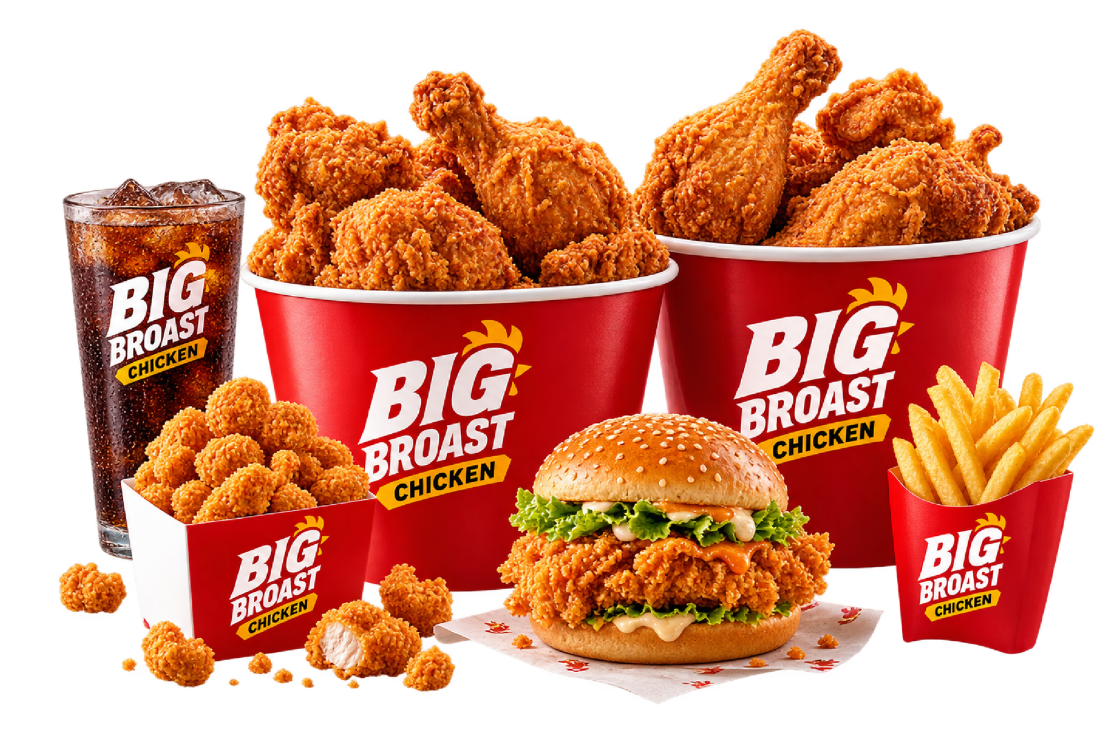 Big Broast fried chicken bucket meal with burger fries and drink